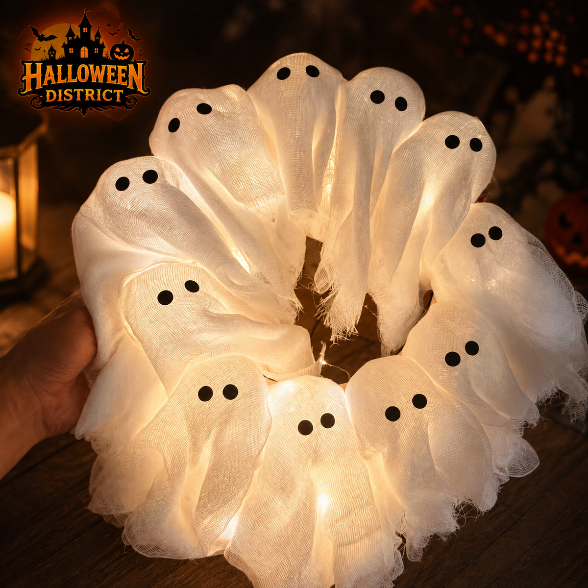 Light-Up Ghost Wreath – 12 Ghost Halloween Decor