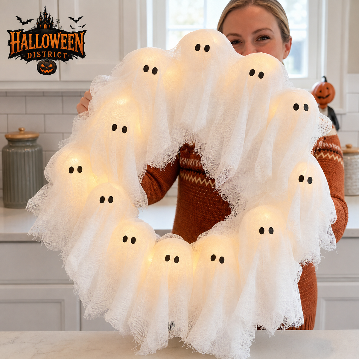 Light-Up Ghost Wreath – 12 Ghost Halloween Decor