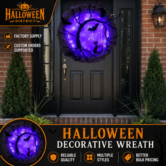 17.7" Light-Up Black Cat & Bat Halloween Wreath