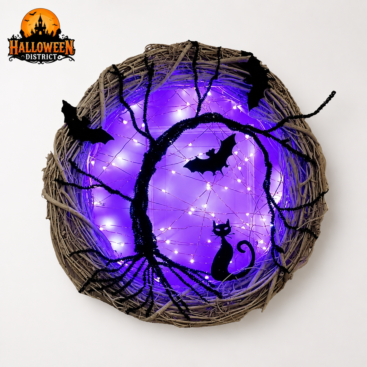 17.7" Light-Up Black Cat & Bat Halloween Wreath