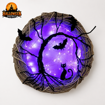 17.7" Light-Up Black Cat & Bat Halloween Wreath