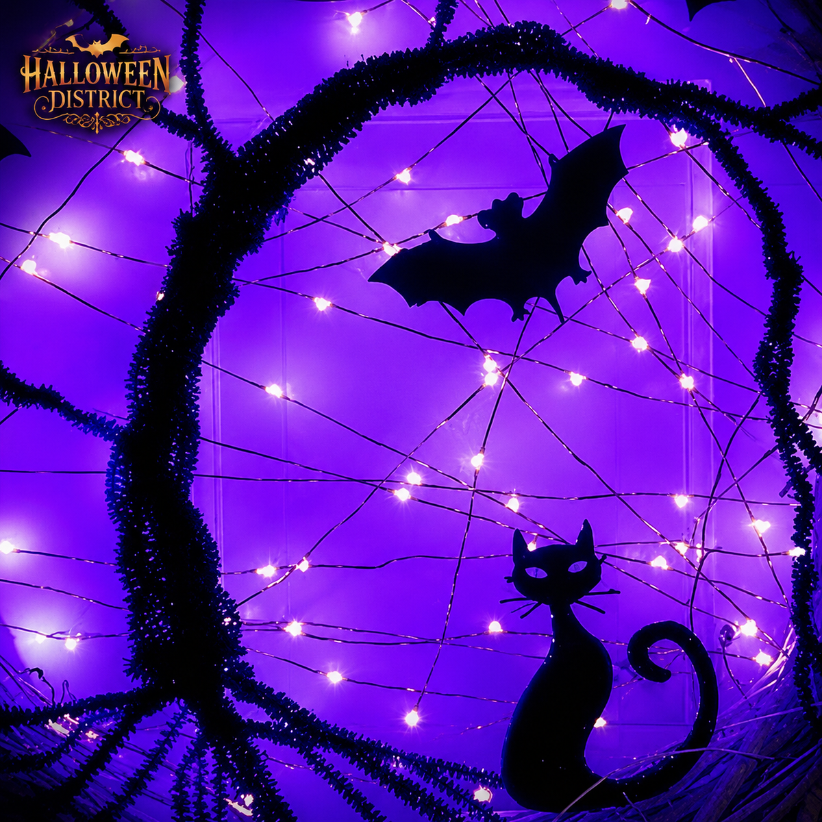 17.7" Light-Up Black Cat & Bat Halloween Wreath
