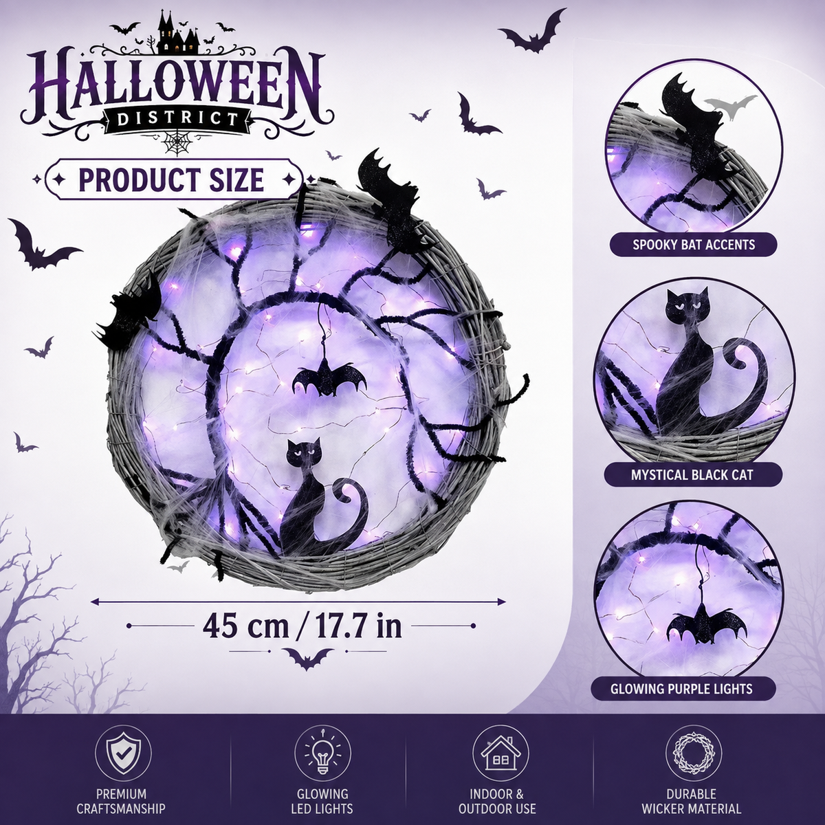 17.7" Light-Up Black Cat & Bat Halloween Wreath