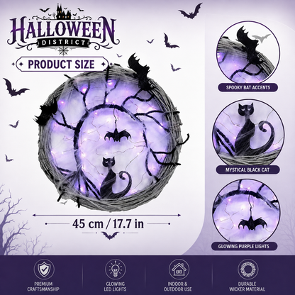 17.7" Light-Up Black Cat & Bat Halloween Wreath