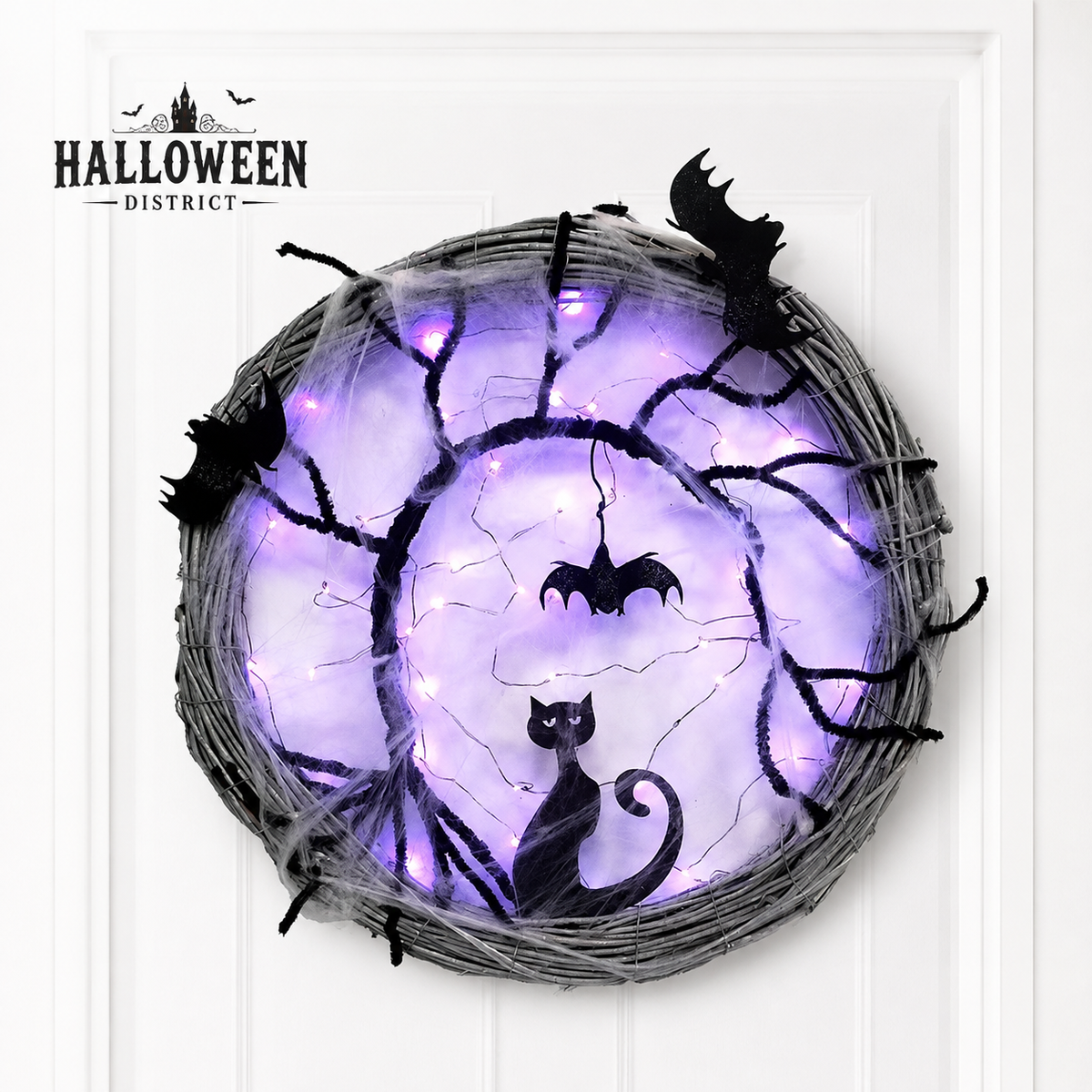 17.7" Light-Up Black Cat & Bat Halloween Wreath