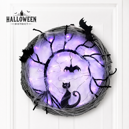 17.7" Light-Up Black Cat & Bat Halloween Wreath