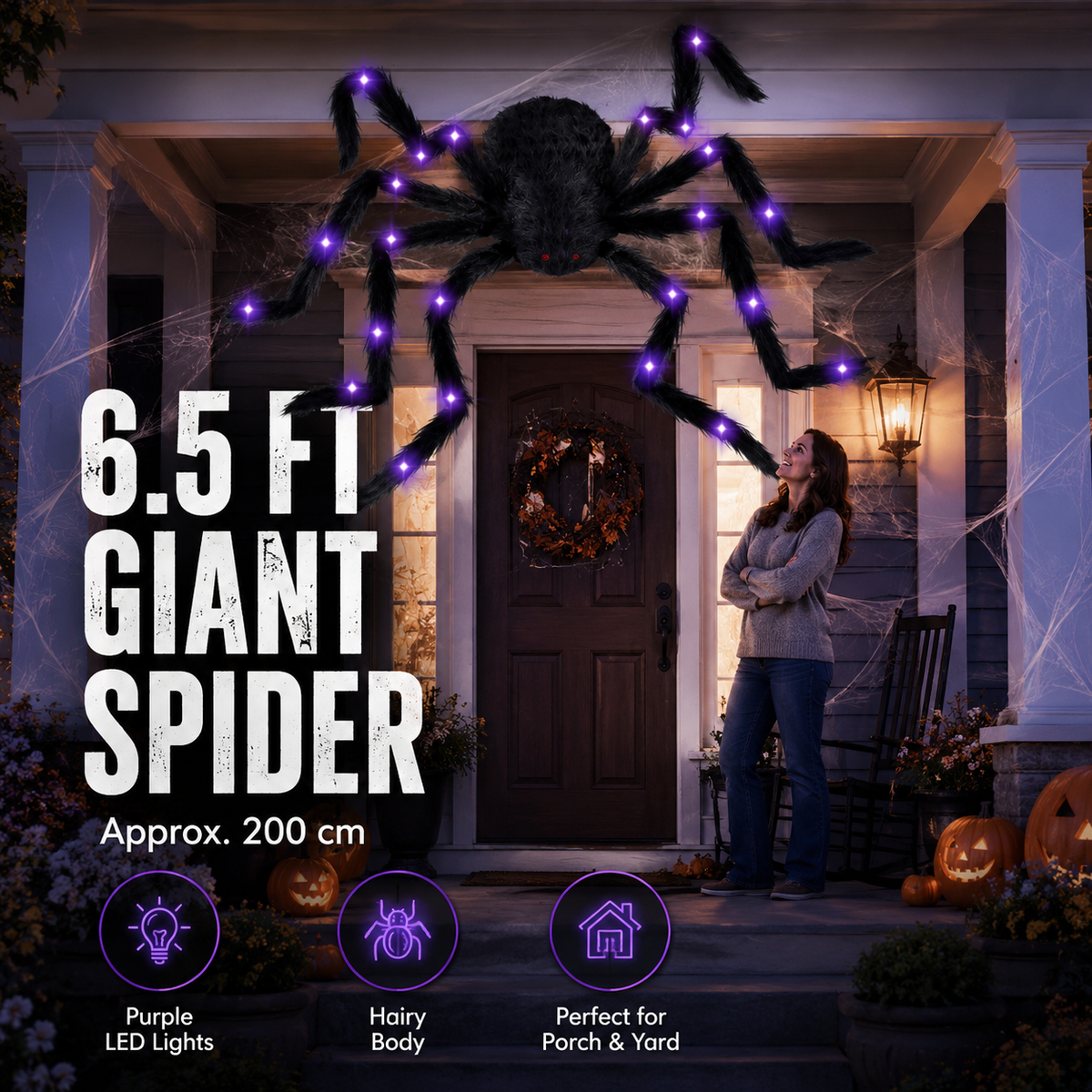 6.5FT Giant Light-Up Halloween Spider – Purple LED
