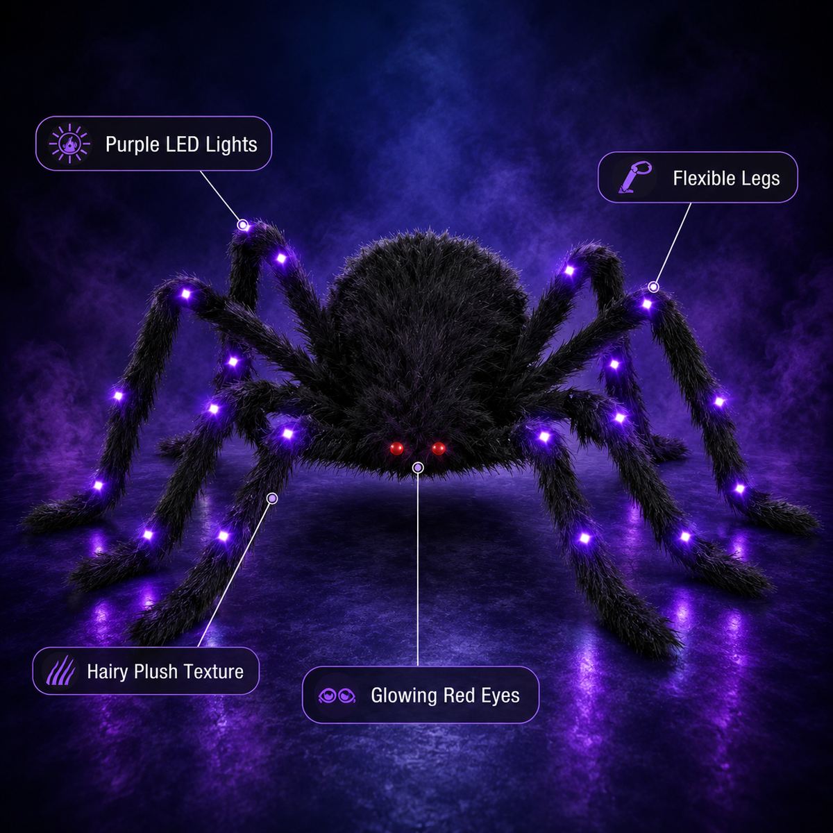 6.5FT Giant Light-Up Halloween Spider – Purple LED