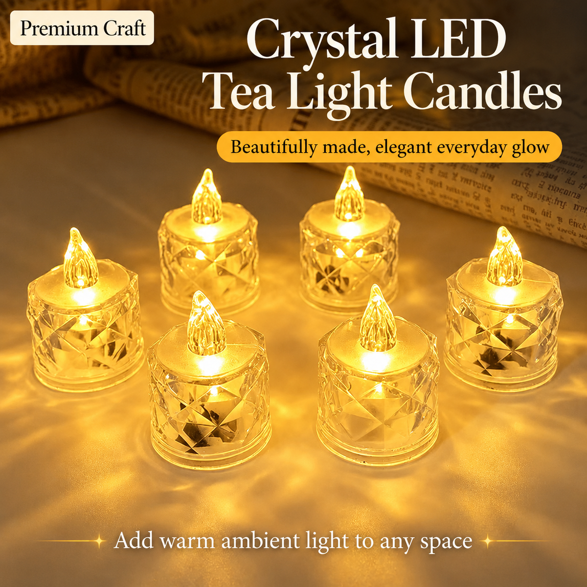 24-Pack Crystal LED Tea Light Candles – Warm White