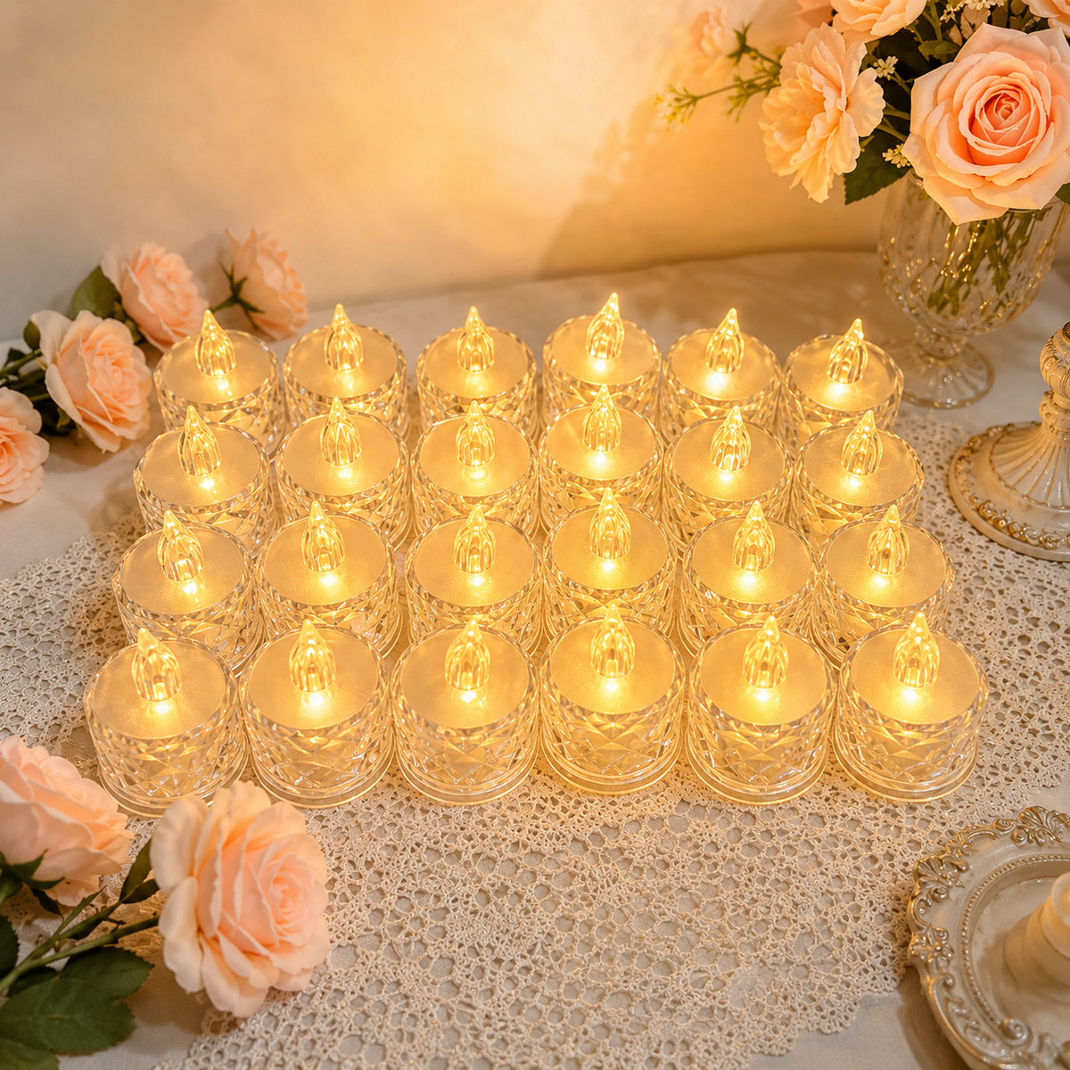 24-Pack Crystal LED Tea Light Candles – Warm White