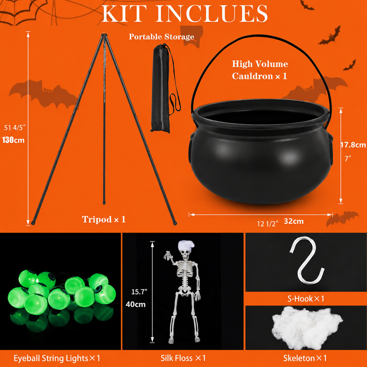 Witch’s Cauldron Halloween Decoration Kit – Glowing Eyeballs, Skeleton &amp; 51” Tripod