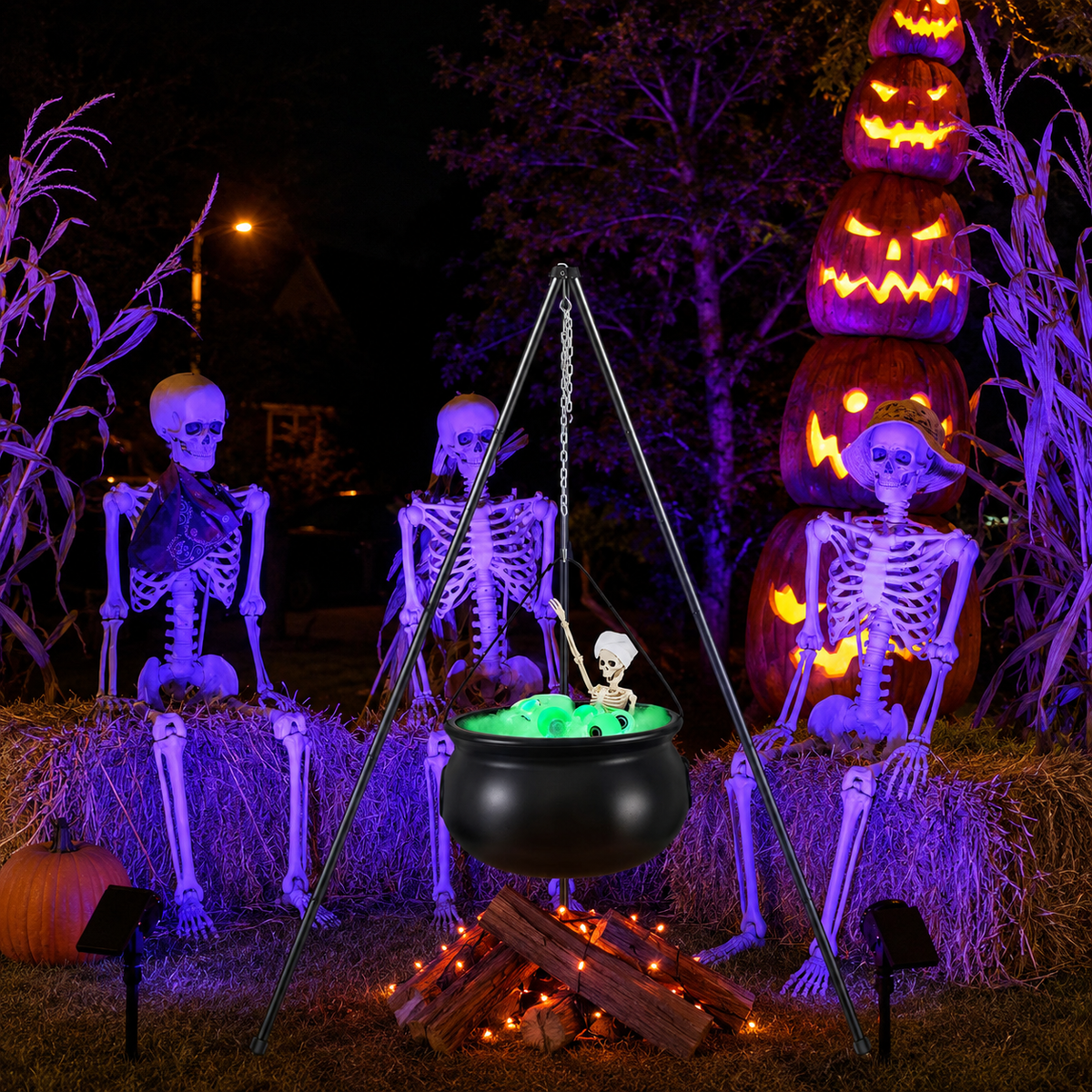Witch’s Cauldron Halloween Decoration Kit – Glowing Eyeballs, Skeleton &amp; 51” Tripod