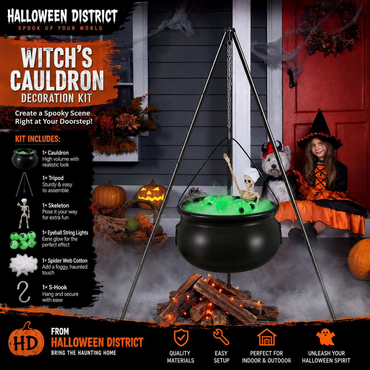 Witch’s Cauldron Halloween Decoration Kit – Glowing Eyeballs, Skeleton &amp; 51” Tripod