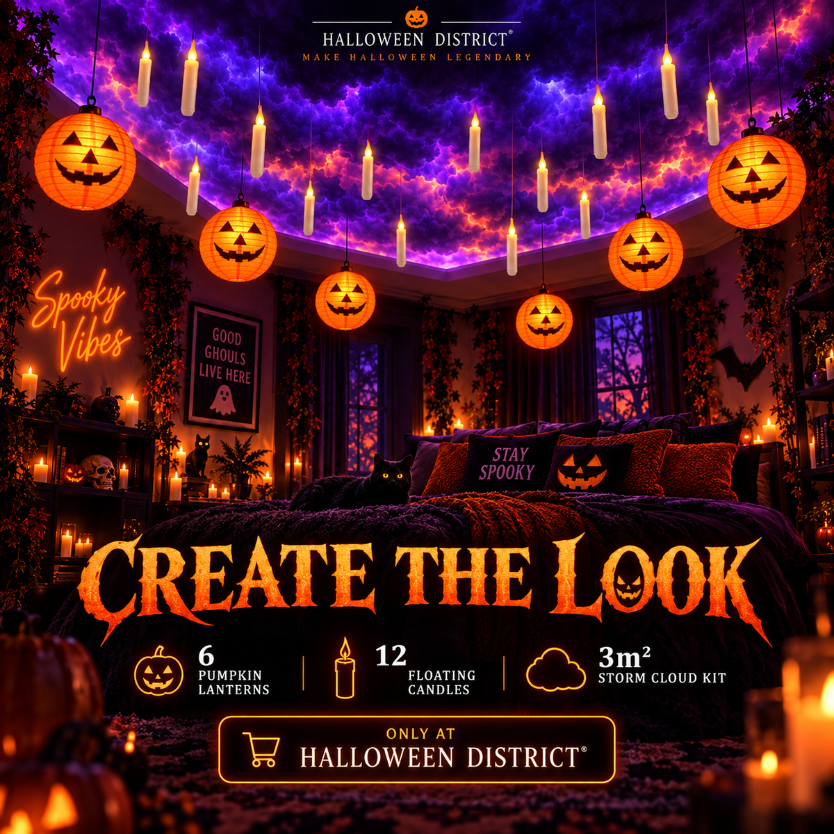 Haunted Ceiling Transformation Bundle – Storm Clouds, Pumpkin Lanterns & Floating Candles