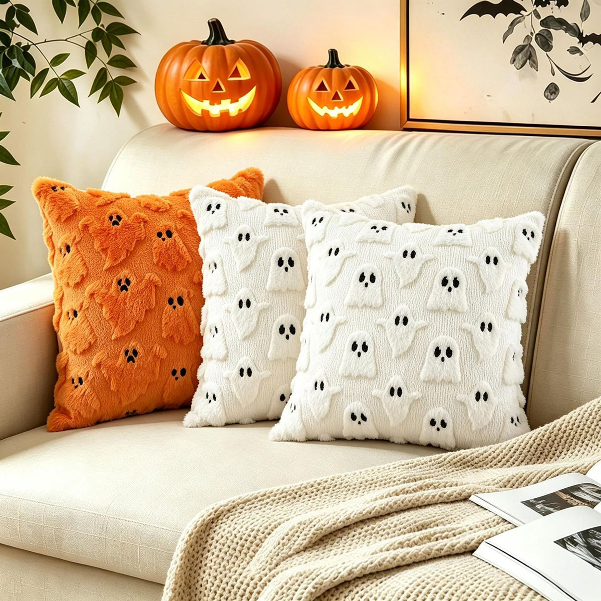 Halloween Tufted Throw Pillow Covers – Ghost & Bat Collection
