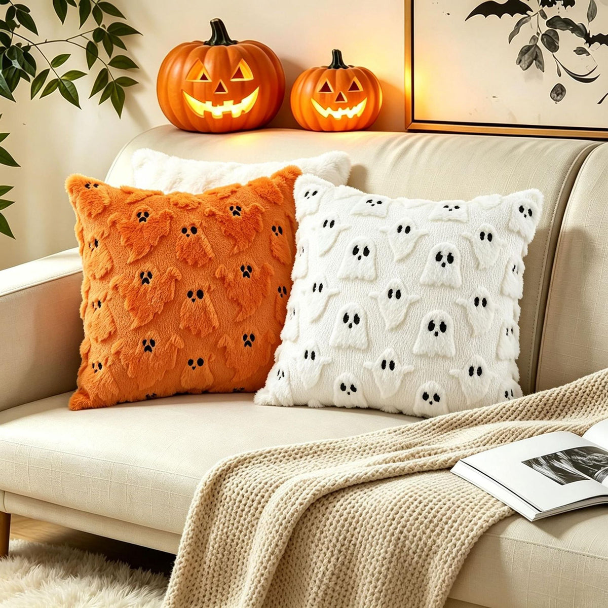Halloween Tufted Throw Pillow Covers – Ghost & Bat Collection