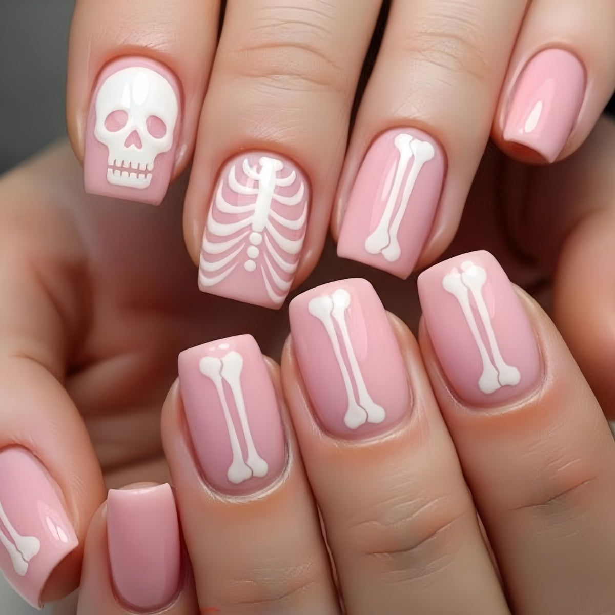Pink Skeleton Press-On Nails – Halloween Edition