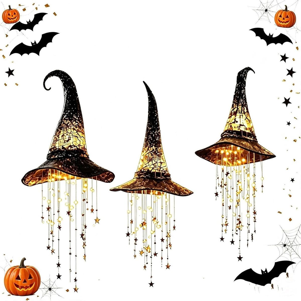 Light-Up Hanging Witch Hat with Cascading Stars